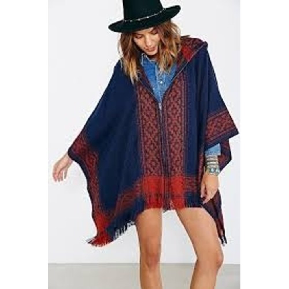 Ecote Women Poncho One Size Navy Blue Red Hooded Zip Fringe Fair Isle Bohemian